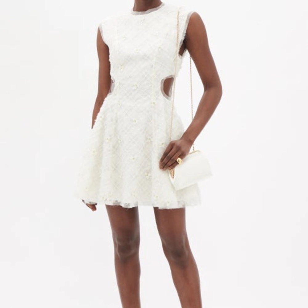 Aje Mirage White Organza Bead & Floral Embellished Mini Dress - Size AU 6